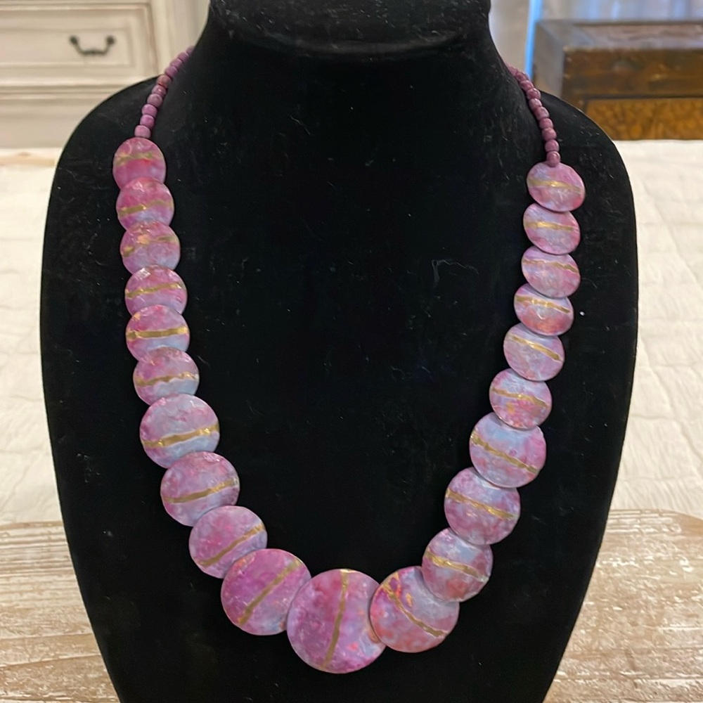 Vintage Purple Gold Disc Beaded Statement Pendant Necklace